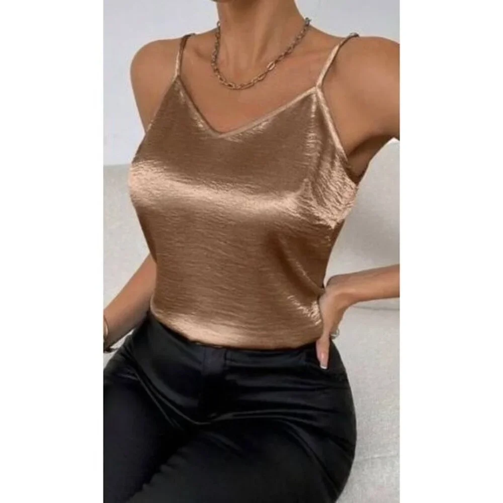 Chic Coffee Brown Solid Color Glossy Camisole Top - Picture 7 of 7